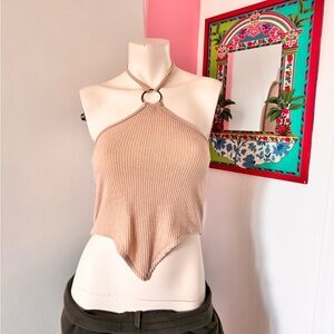 Ribbed Beige Halter Top with Silver Detail